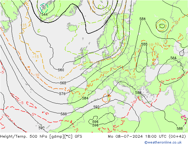 Z500/Rain (+SLP)/Z850 GFS 星期一 08.07.2024 18 UTC