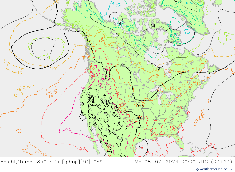 Height/Temp. 850 hPa GFS 星期一 08.07.2024 00 UTC