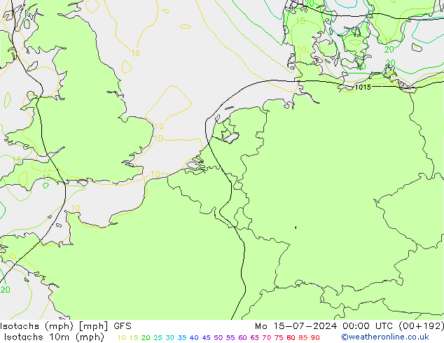 Isotachs (mph) GFS 星期一 15.07.2024 00 UTC
