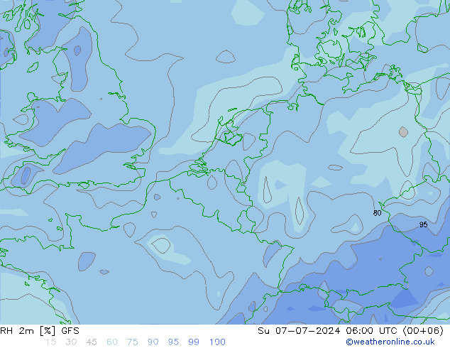 RH 2m GFS 星期日 07.07.2024 06 UTC