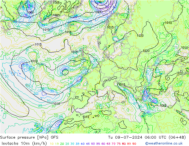 10米等风速线 (kph) GFS 星期二 09.07.2024 06 UTC