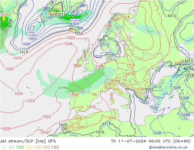 高速氣流/地面气压 GFS 星期四 11.07.2024 06 UTC