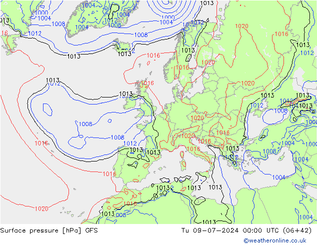 地面气压 GFS 星期二 09.07.2024 00 UTC