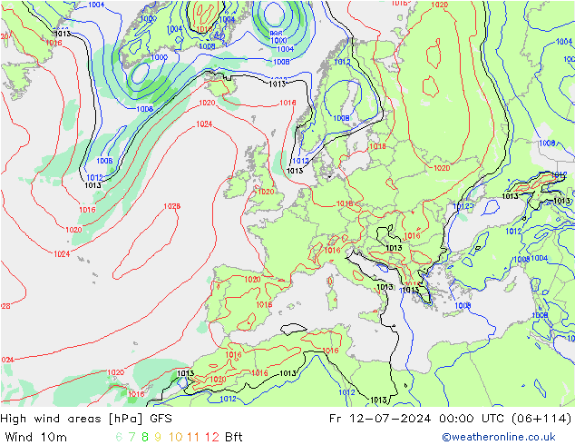 High wind areas GFS 星期五 12.07.2024 00 UTC
