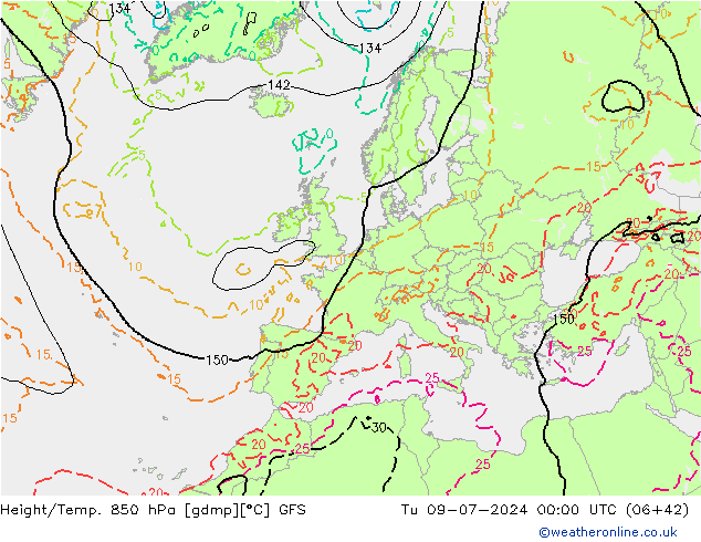 Z500/Rain (+SLP)/Z850 GFS 星期二 09.07.2024 00 UTC