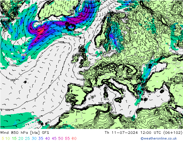 风 850 hPa GFS 星期四 11.07.2024 12 UTC