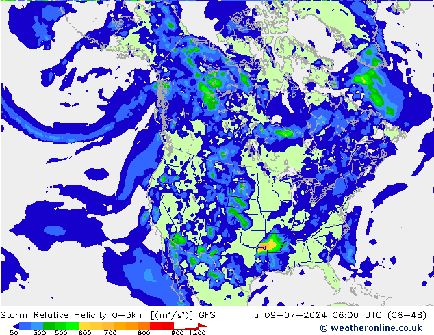 Storm Relative Helicity GFS di 09.07.2024 06 UTC