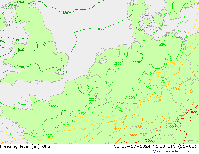 Nulgradenniveau GFS zo 07.07.2024 12 UTC