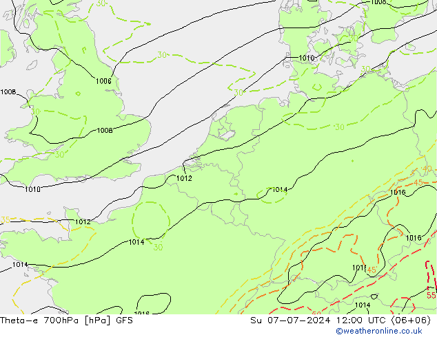 Theta-e 700hPa GFS zo 07.07.2024 12 UTC