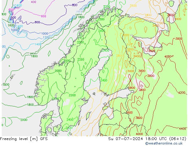 Freezing level GFS 星期日 07.07.2024 18 UTC