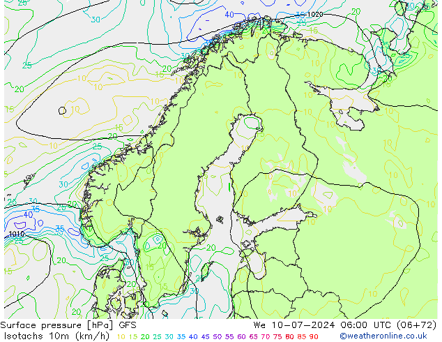 10米等风速线 (kph) GFS 星期三 10.07.2024 06 UTC