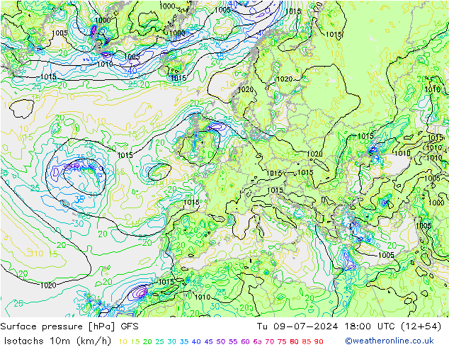 10米等风速线 (kph) GFS 星期二 09.07.2024 18 UTC