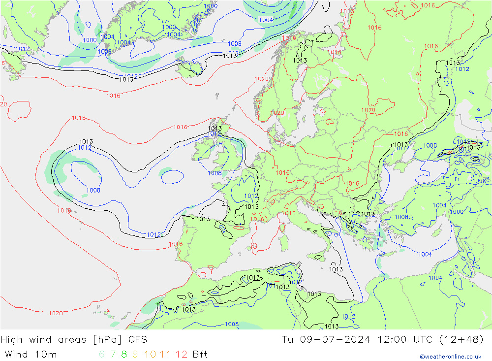 High wind areas GFS 星期二 09.07.2024 12 UTC
