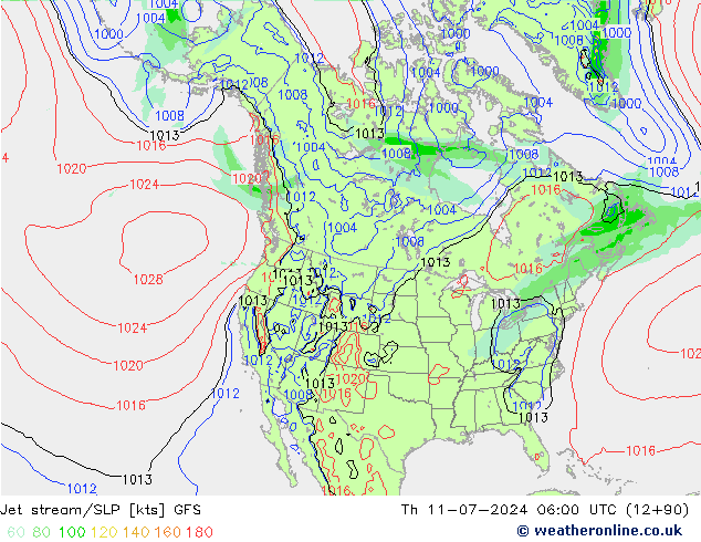 高速氣流/地面气压 GFS 星期四 11.07.2024 06 UTC