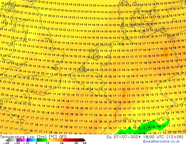 Temperature Low (2m) GFS 星期日 07.07.2024 18 UTC