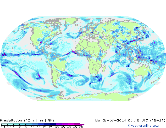 Totale neerslag (12h) GFS ma 08.07.2024 18 UTC