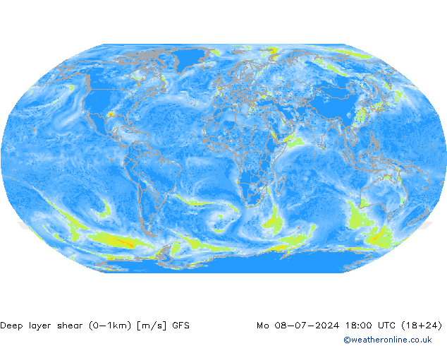 Deep layer shear (0-1km) GFS 星期一 08.07.2024 18 UTC