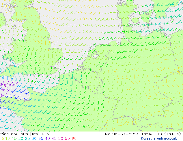 风 850 hPa GFS 星期一 08.07.2024 18 UTC