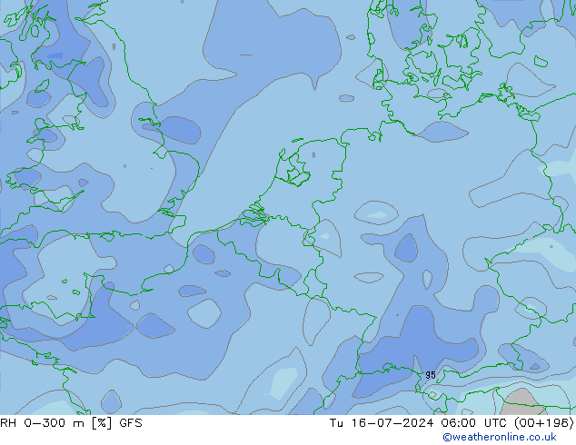 RH 0-300 m GFS 星期二 16.07.2024 06 UTC