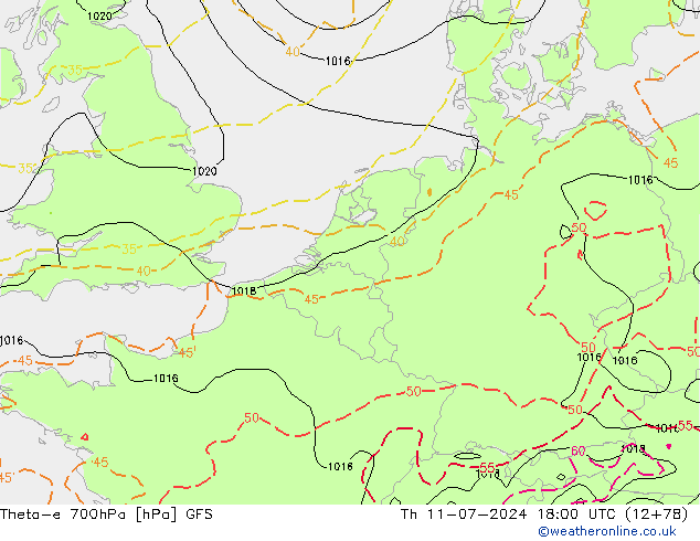 Theta-e 700hPa GFS do 11.07.2024 18 UTC
