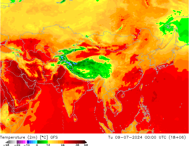 Temperatuurkaart (2m) GFS di 09.07.2024 00 UTC
