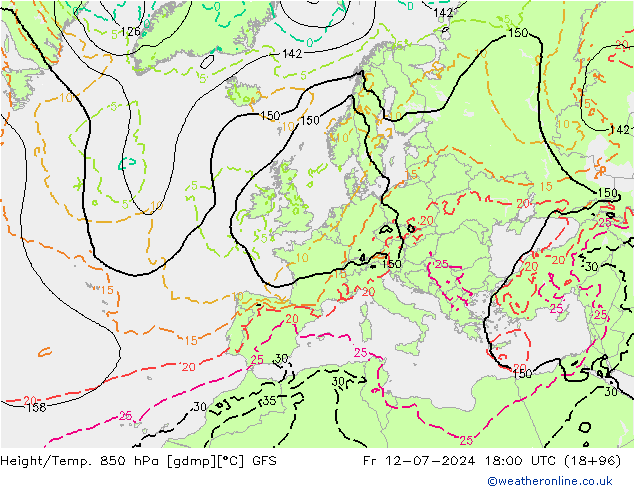 Hoogte/Temp. 850 hPa GFS vr 12.07.2024 18 UTC