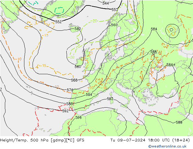 Z500/Rain (+SLP)/Z850 GFS 星期二 09.07.2024 18 UTC
