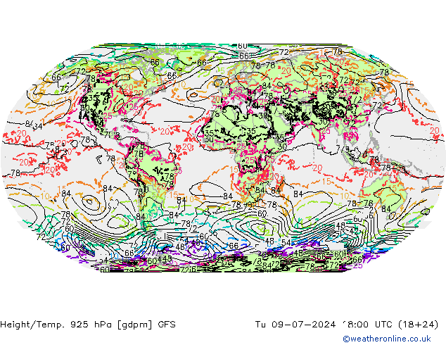 Hoogte/Temp. 925 hPa GFS di 09.07.2024 18 UTC
