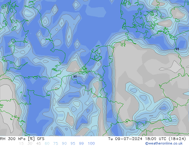 RH 300 hPa GFS 星期二 09.07.2024 18 UTC