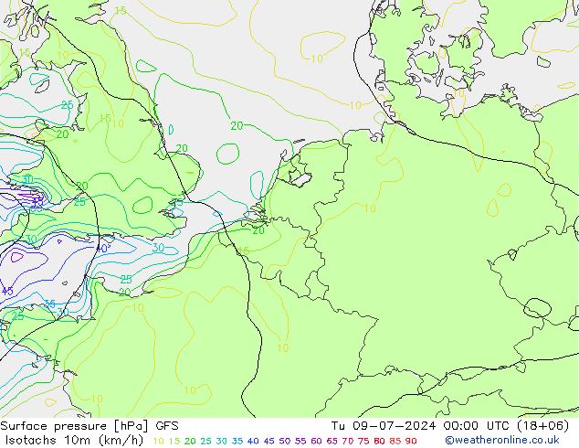 Isotachen (km/h) GFS di 09.07.2024 00 UTC