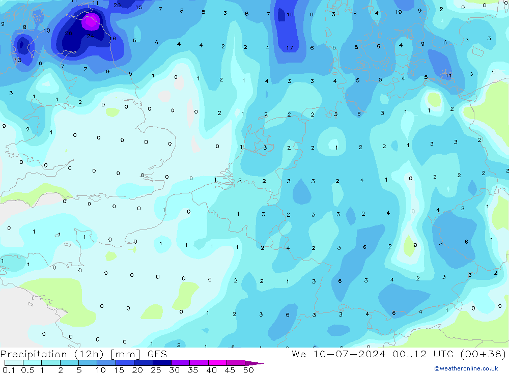 Totale neerslag (12h) GFS wo 10.07.2024 12 UTC