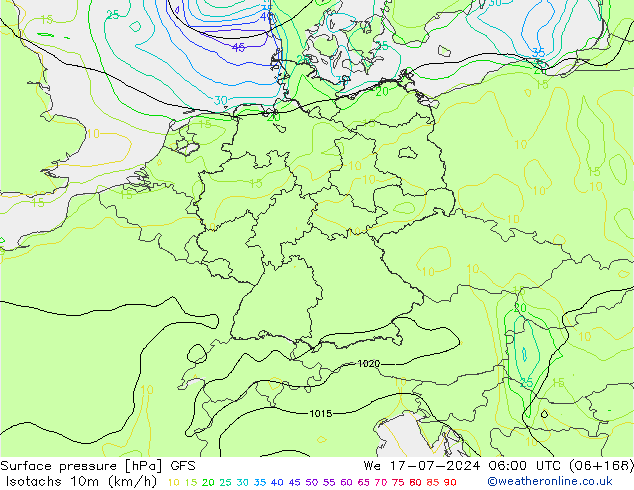 10米等风速线 (kph) GFS 星期三 17.07.2024 06 UTC