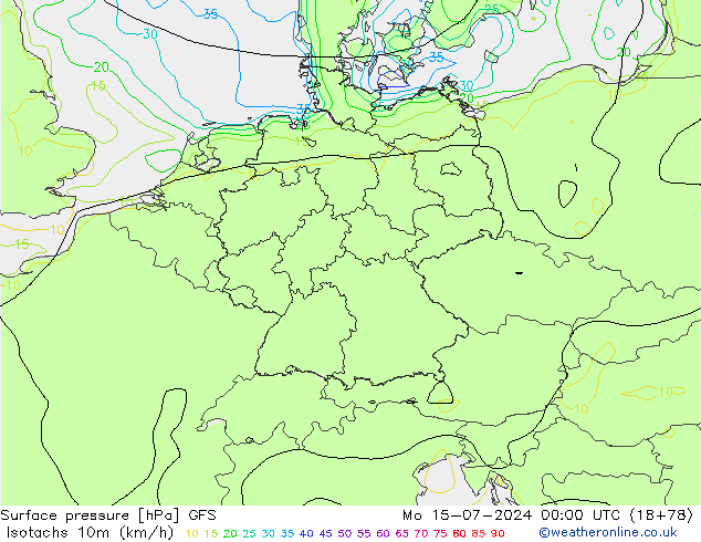 10米等风速线 (kph) GFS 星期一 15.07.2024 00 UTC