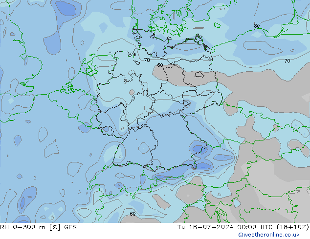 RH 0-300 m GFS 星期二 16.07.2024 00 UTC
