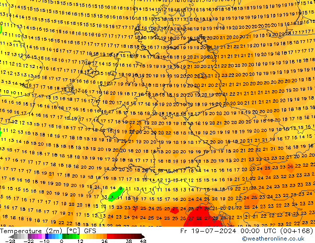 Temperatuurkaart (2m) GFS vr 19.07.2024 00 UTC