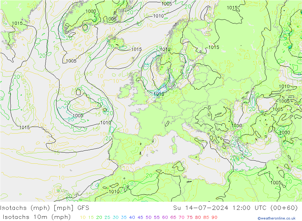 Isotachen (mph) GFS zo 14.07.2024 12 UTC