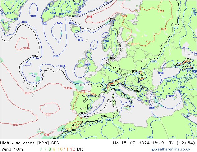 High wind areas GFS 星期一 15.07.2024 18 UTC