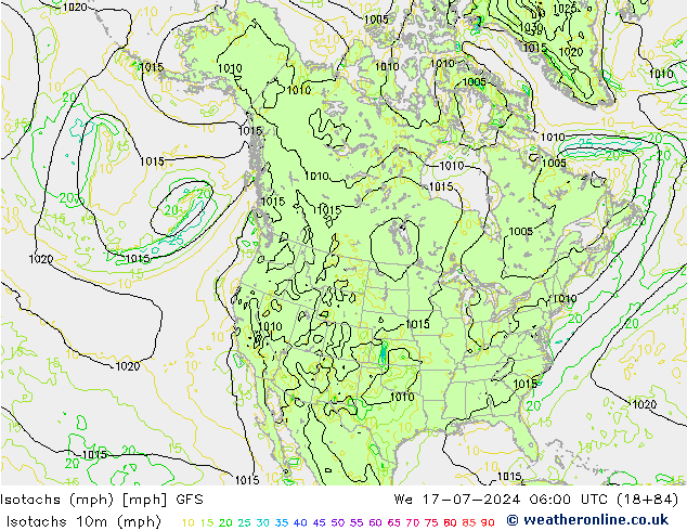 Isotachs (mph) GFS 星期三 17.07.2024 06 UTC