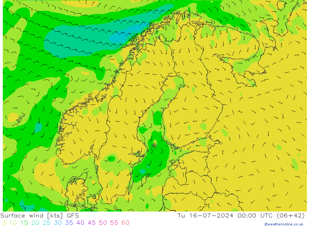 Wind 10 m GFS di 16.07.2024 00 UTC