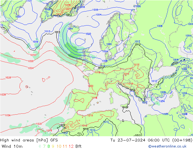 High wind areas GFS 星期二 23.07.2024 06 UTC