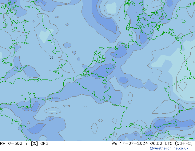 RH 0-300 m GFS 星期三 17.07.2024 06 UTC