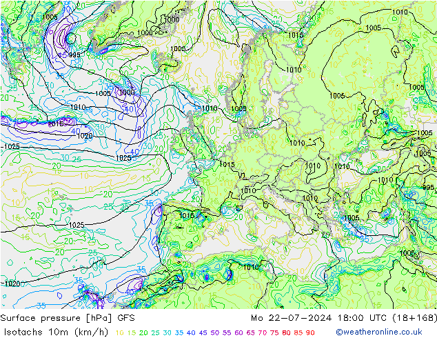 10米等风速线 (kph) GFS 星期一 22.07.2024 18 UTC