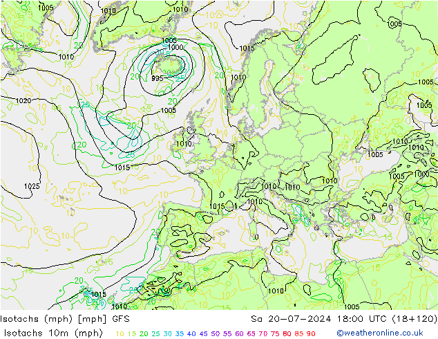 Isotachs (mph) GFS 星期六 20.07.2024 18 UTC