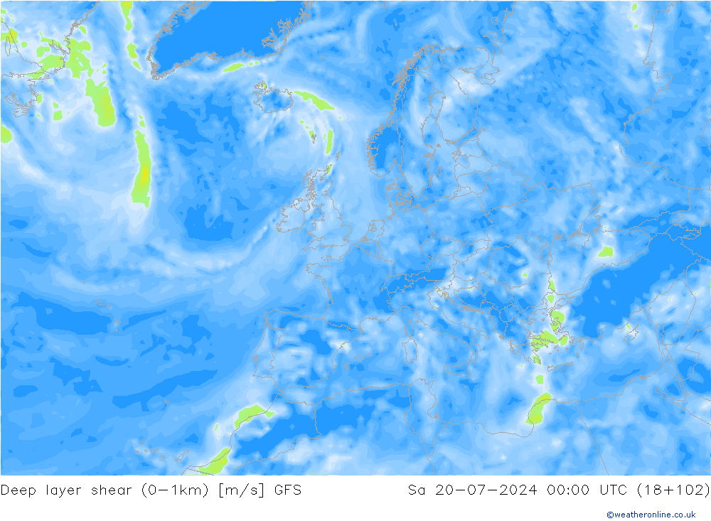 Deep layer shear (0-1km) GFS 星期六 20.07.2024 00 UTC