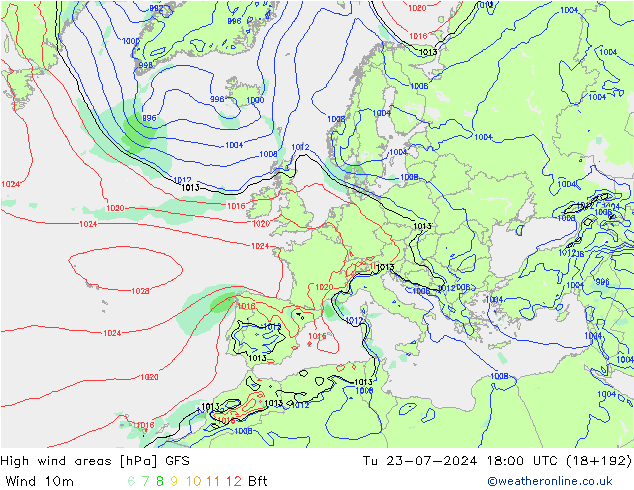 High wind areas GFS 星期二 23.07.2024 18 UTC