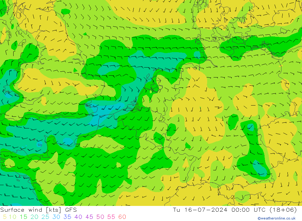 Prec 6h/Wind 10m/950 GFS 星期二 16.07.2024 00 UTC