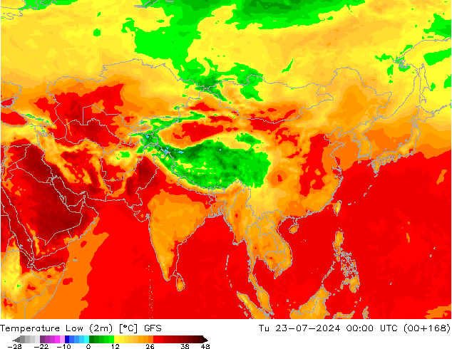 Min.temperatuur (2m) GFS di 23.07.2024 00 UTC