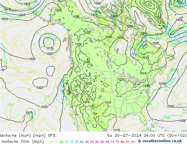 Isotachen (mph) GFS za 20.07.2024 06 UTC