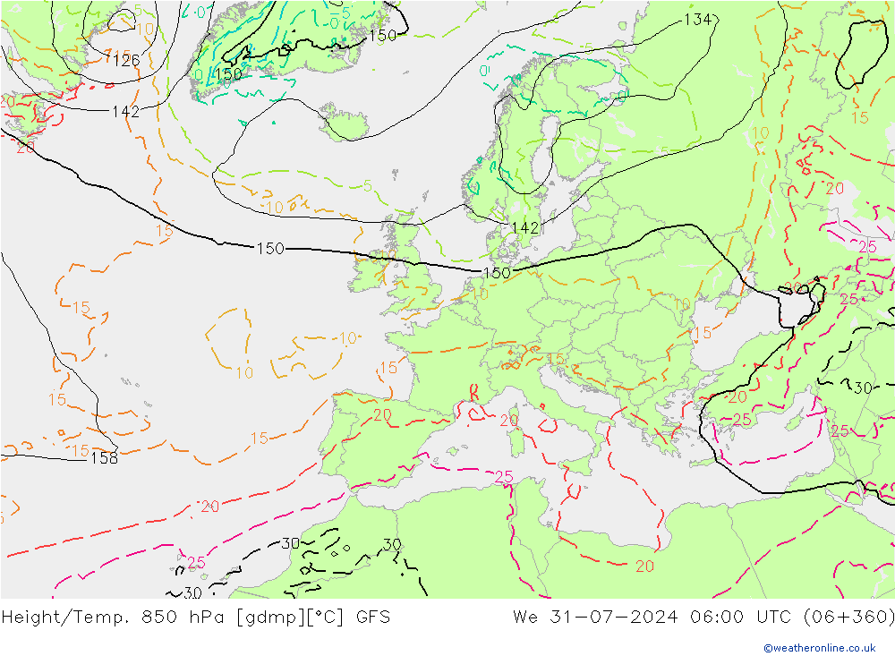 Height/Temp. 850 hPa GFS 星期三 31.07.2024 06 UTC