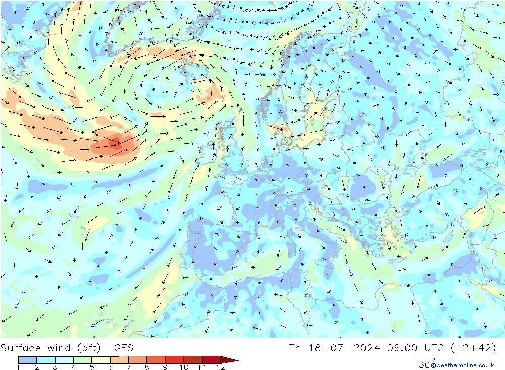 Wind 10 m (bft) GFS do 18.07.2024 06 UTC